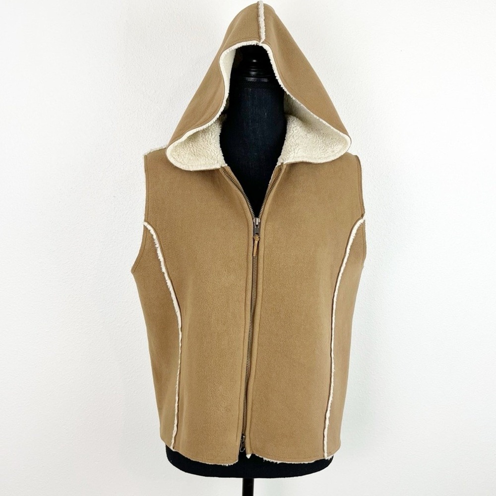 Lauren Ralph Lauren Tan Sherpa Vest Cream Trim Large Cozy Neutral - Picture 6 of 11